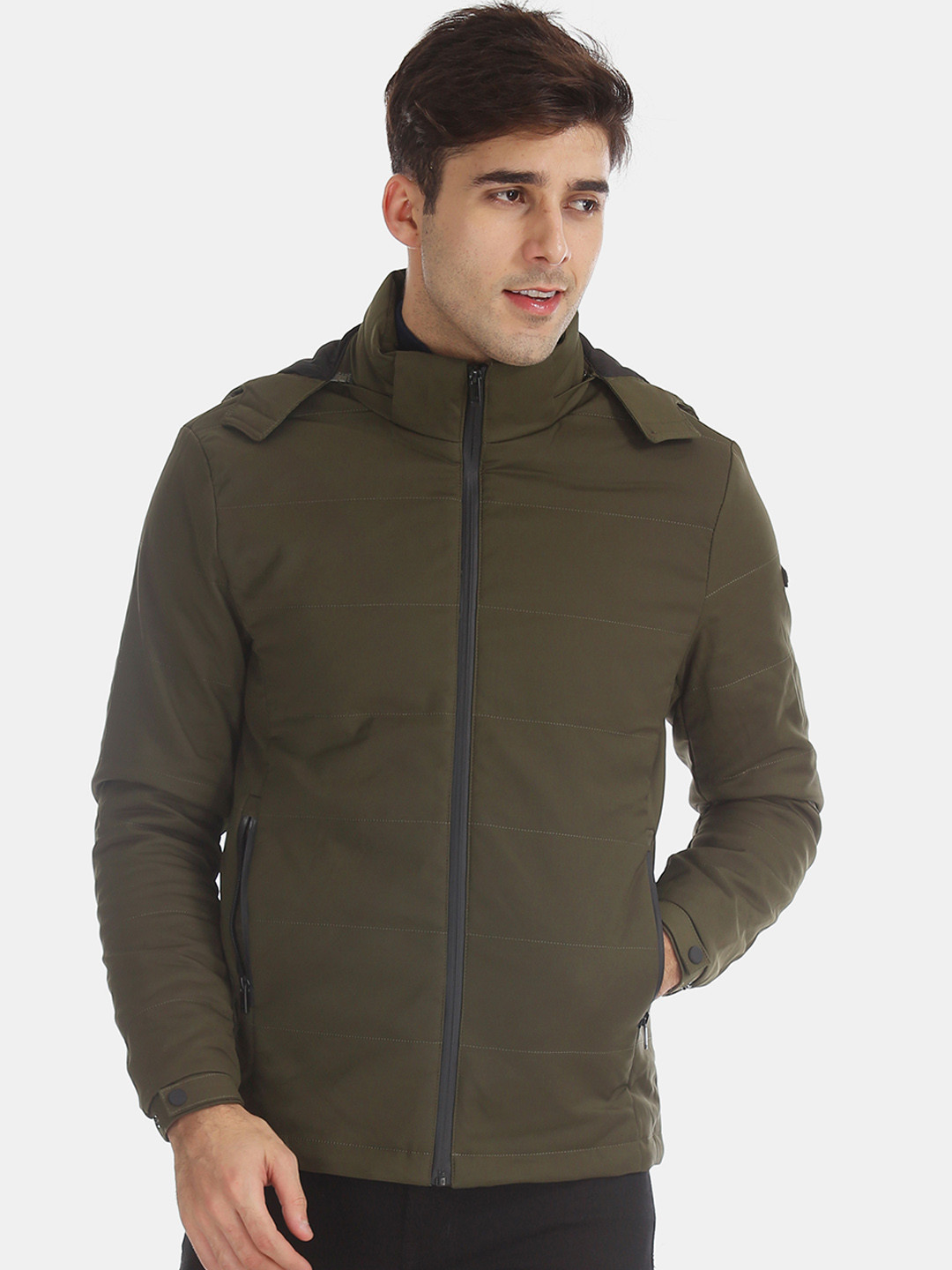 Buy Arrow Sport Men Olive Green Solid Puffer Jacket With Detachable