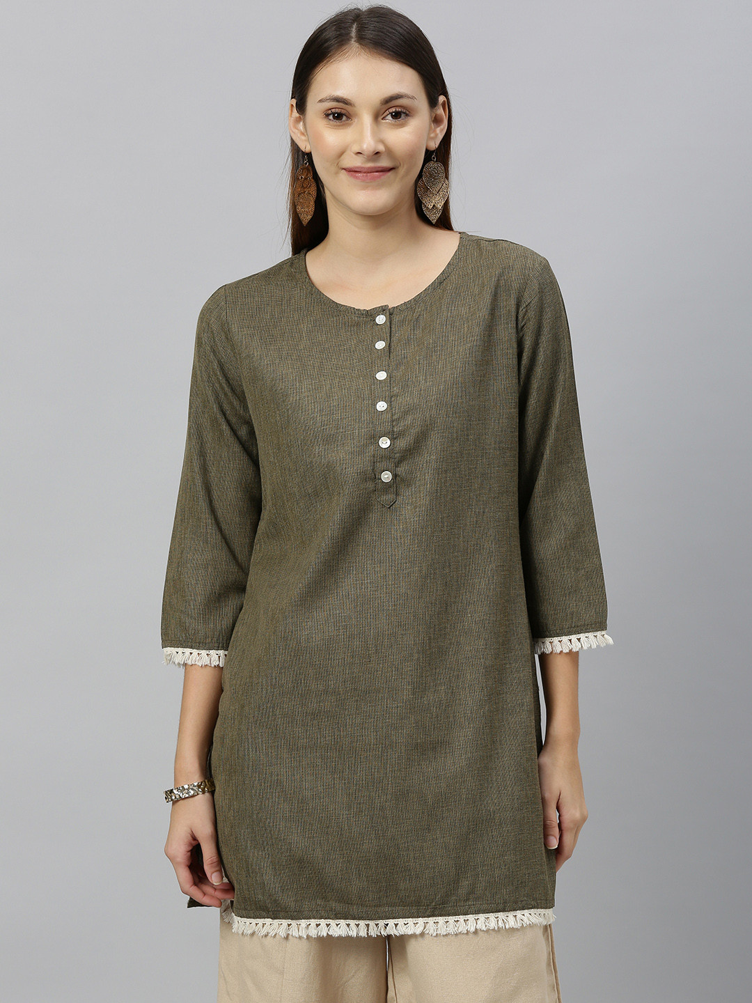 Buy Anouk Women Olive Green Solid Straight Kurta With Tassels Detail