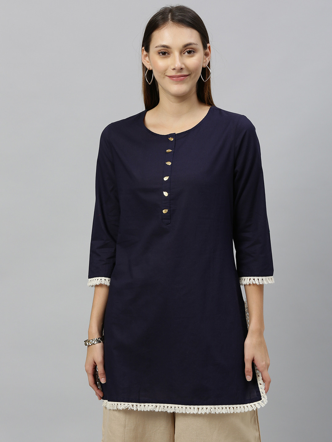 Buy Anouk Women Navy Blue Solid Straight Kurta With Tassels Detail