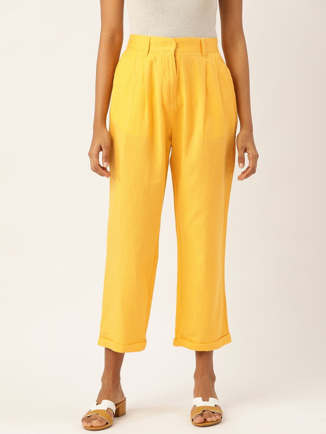 Buy Moda Rapido Women Mustard Yellow Regular Fit Solid Cropped Trousers ...