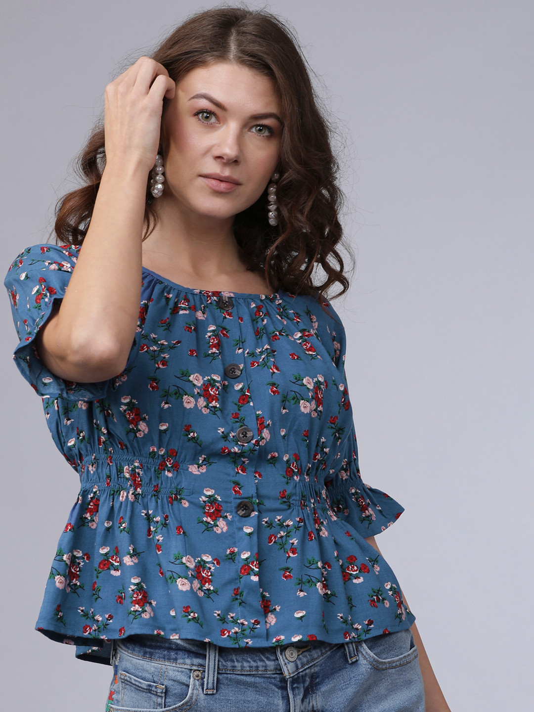 Women's Purple Floral Print Cinched Waist Top