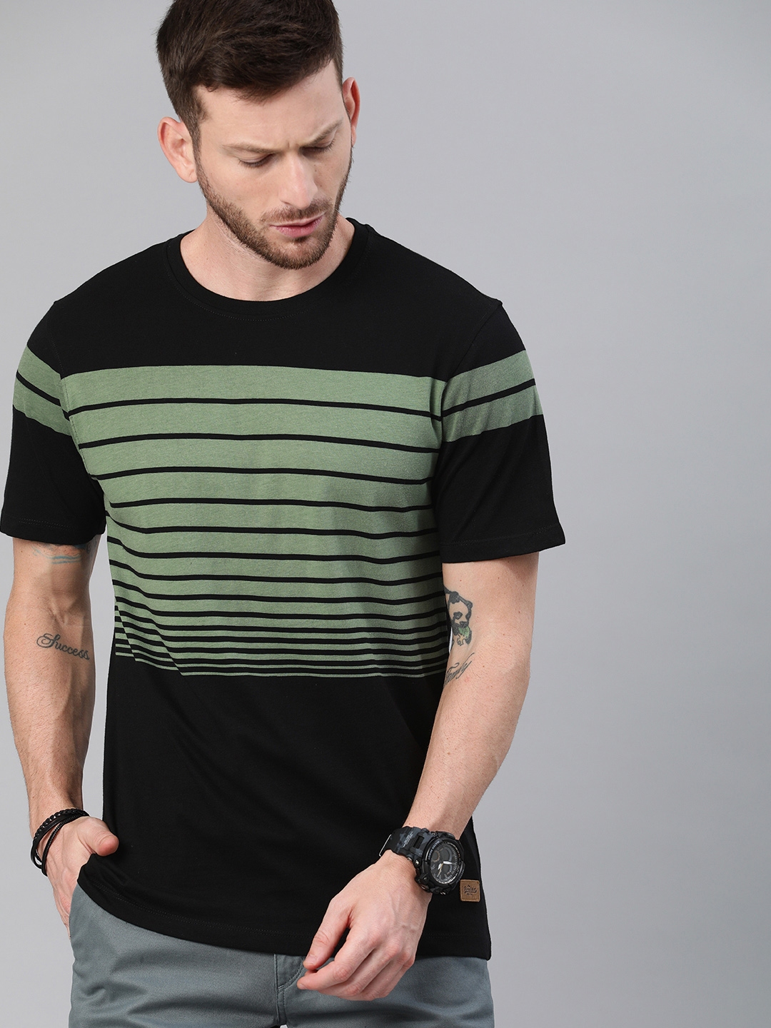 Buy Roadster Men Black & Olive Green Striped Cotton T Shirt - Tshirts ...