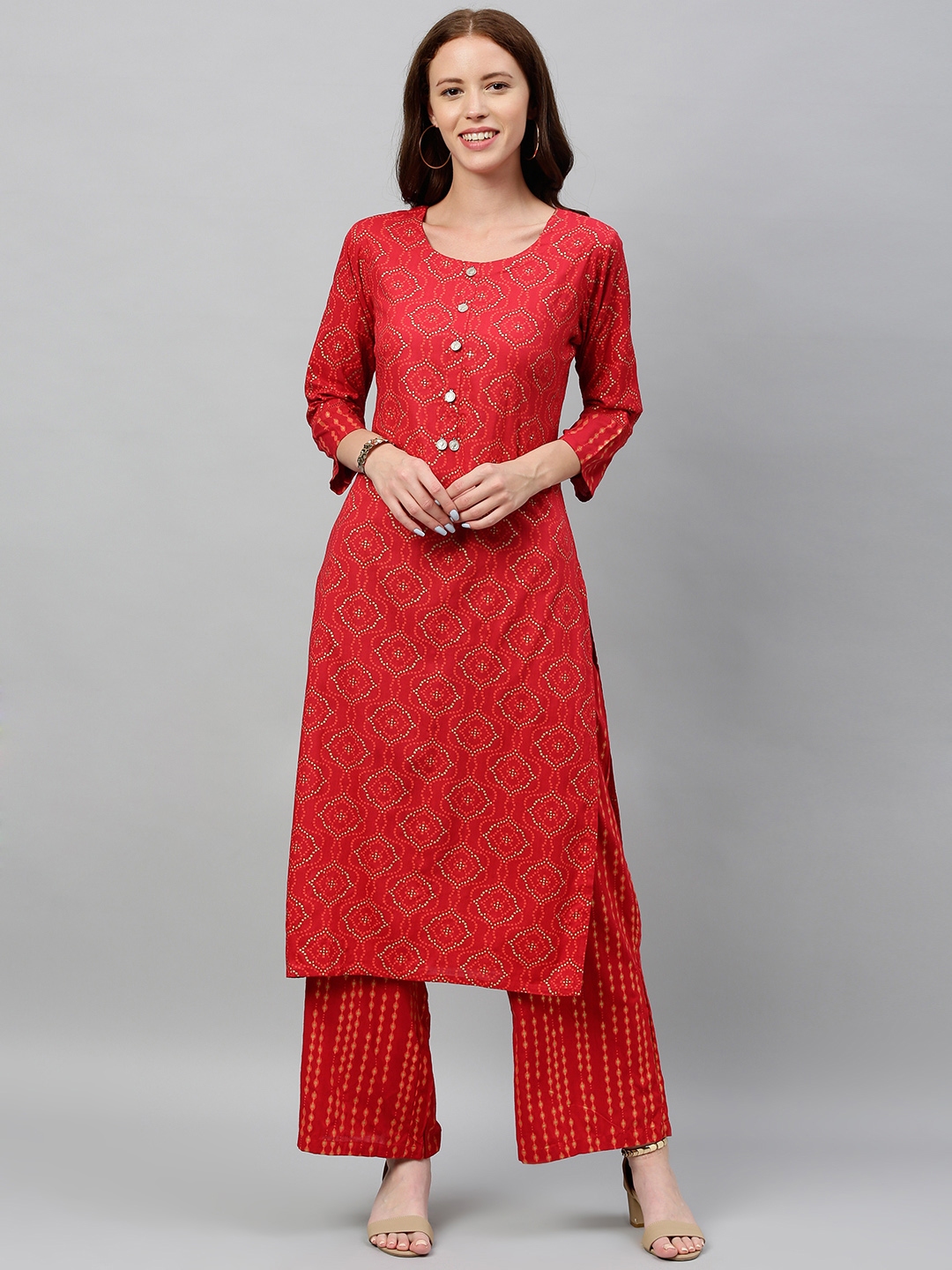 Buy Kipek Women Red Printed Kurta With Palazzos - Kurta Sets for Women ...