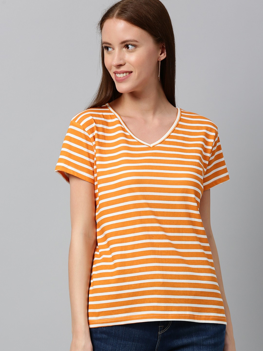 Buy HERENOW Women Orange White Striped V Neck Pure Cotton T Shirt ...