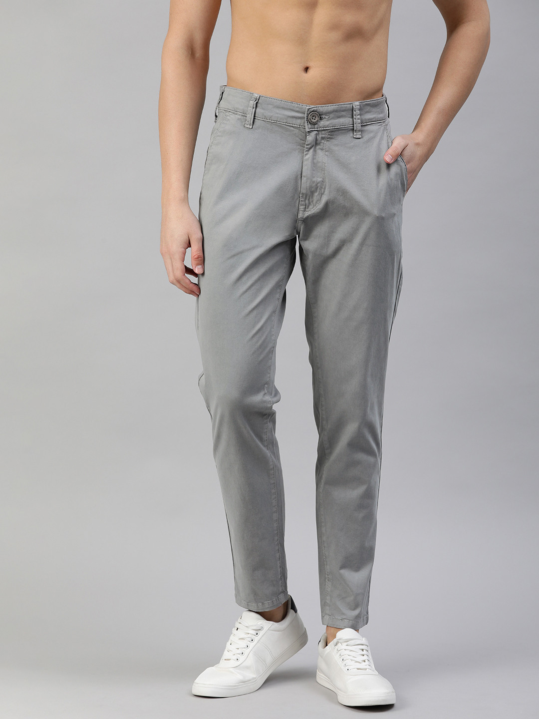 Buy HERE&NOW Men Grey Slim Fit Solid Chinos Trousers for Men 12021258