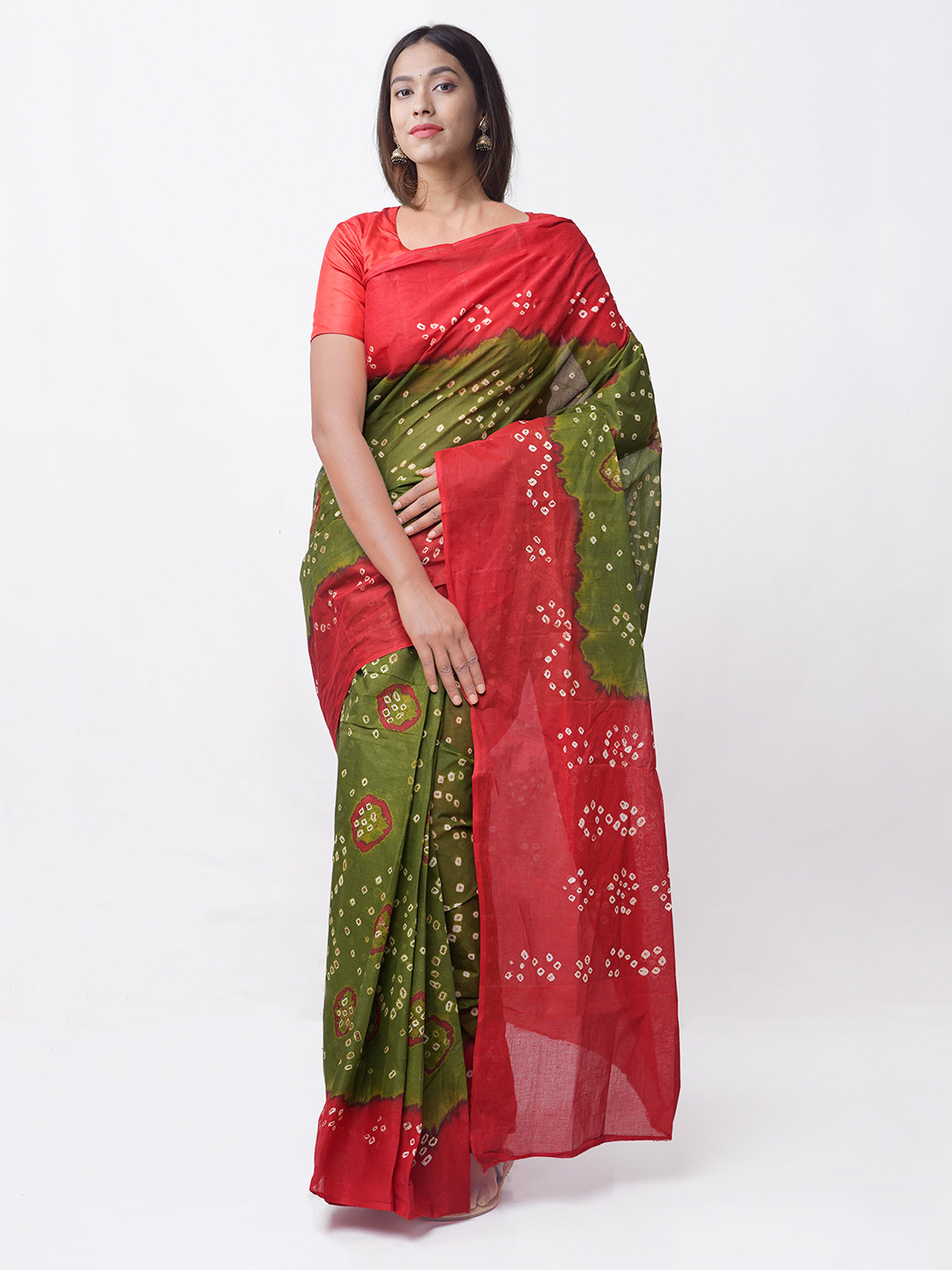 Buy Unnati Silks Olive Green Red Tie Dyed Bandhani Saree Sarees