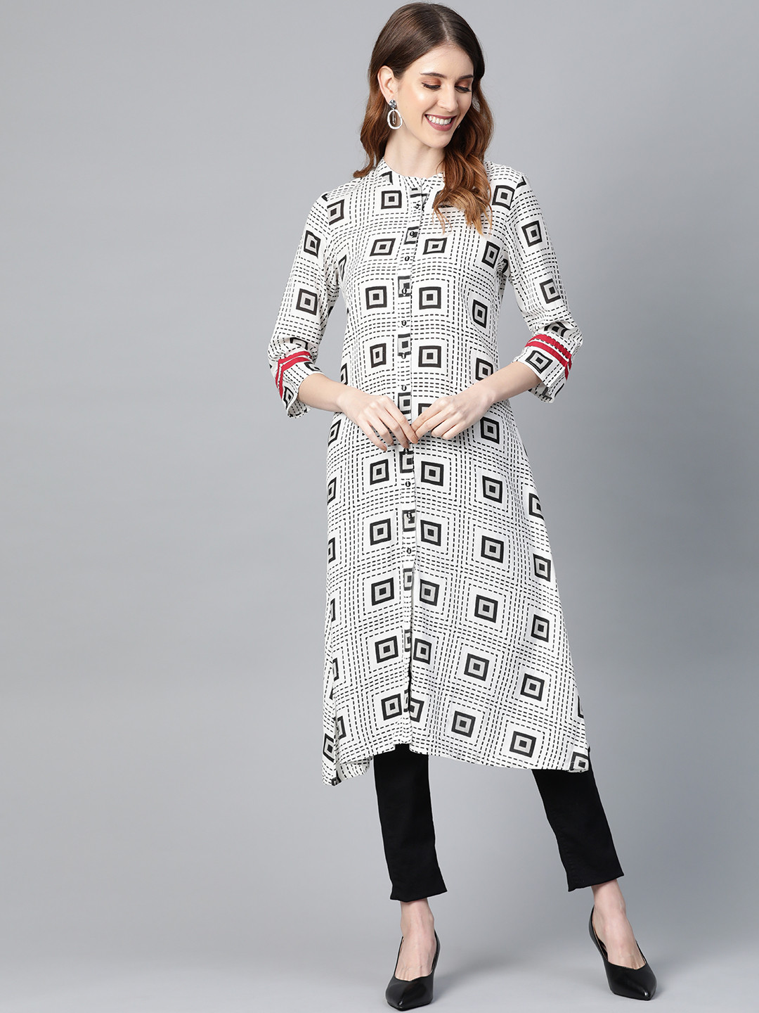 Buy HERE&NOW Women White & Black Printed A Line Kurta Kurtas for