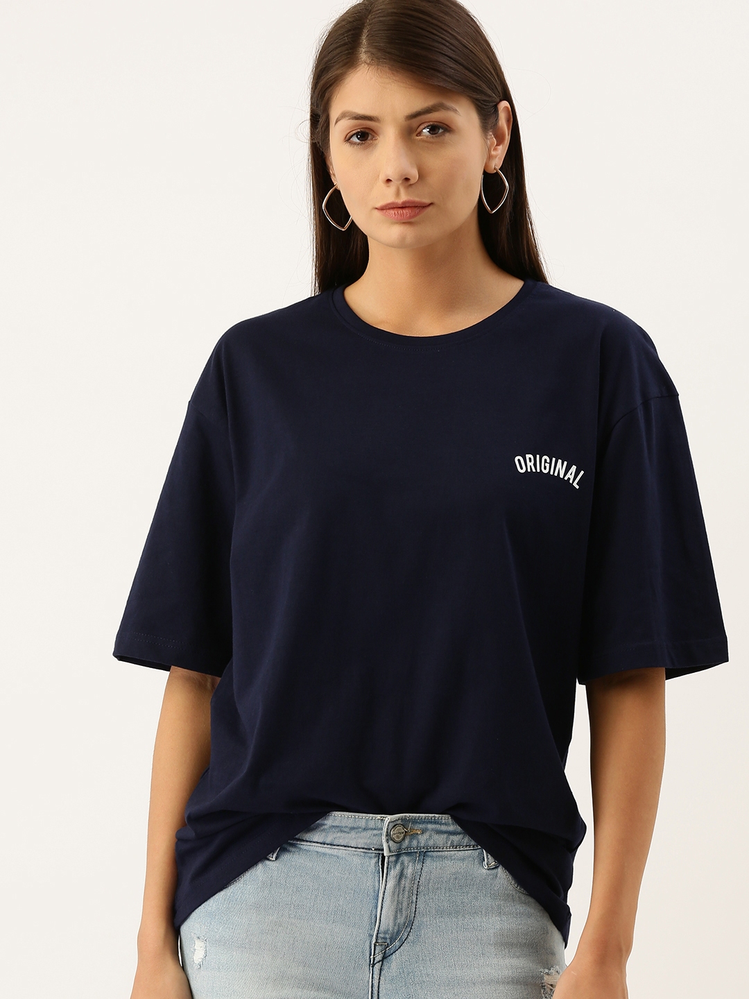 Buy DILLINGER Women Navy Blue Oversized Cotton Pure Cotton T Shirt With ...