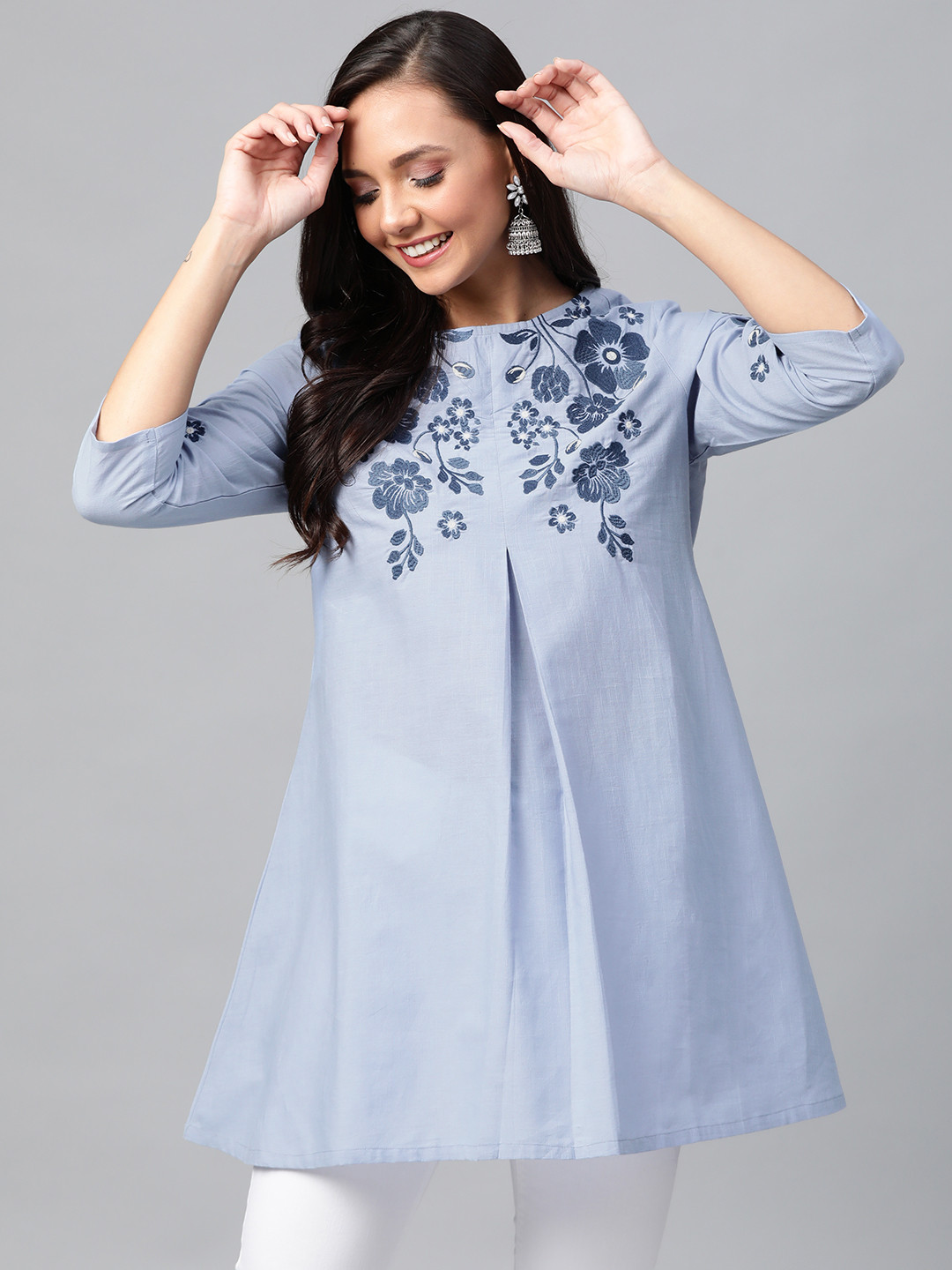 Buy HERE&NOW Women Blue Embroidered Pure Cotton A Line Kurti Kurtis
