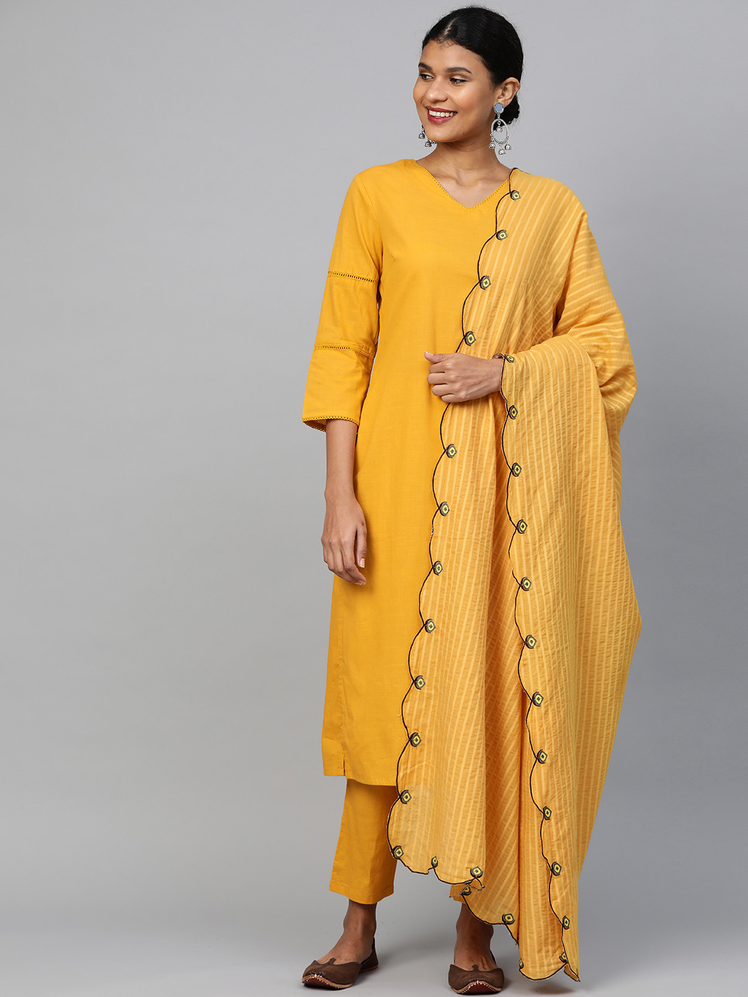 Buy HERE&NOW Women Mustard Yellow Solid Kurta With Trousers & Dupatta Kurta Sets for Women