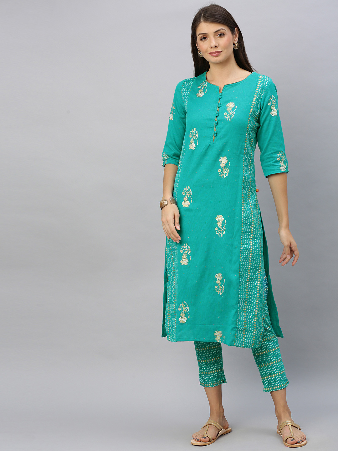 Turquoise Blue Gold Printed Kurta Set With Pants main image 0