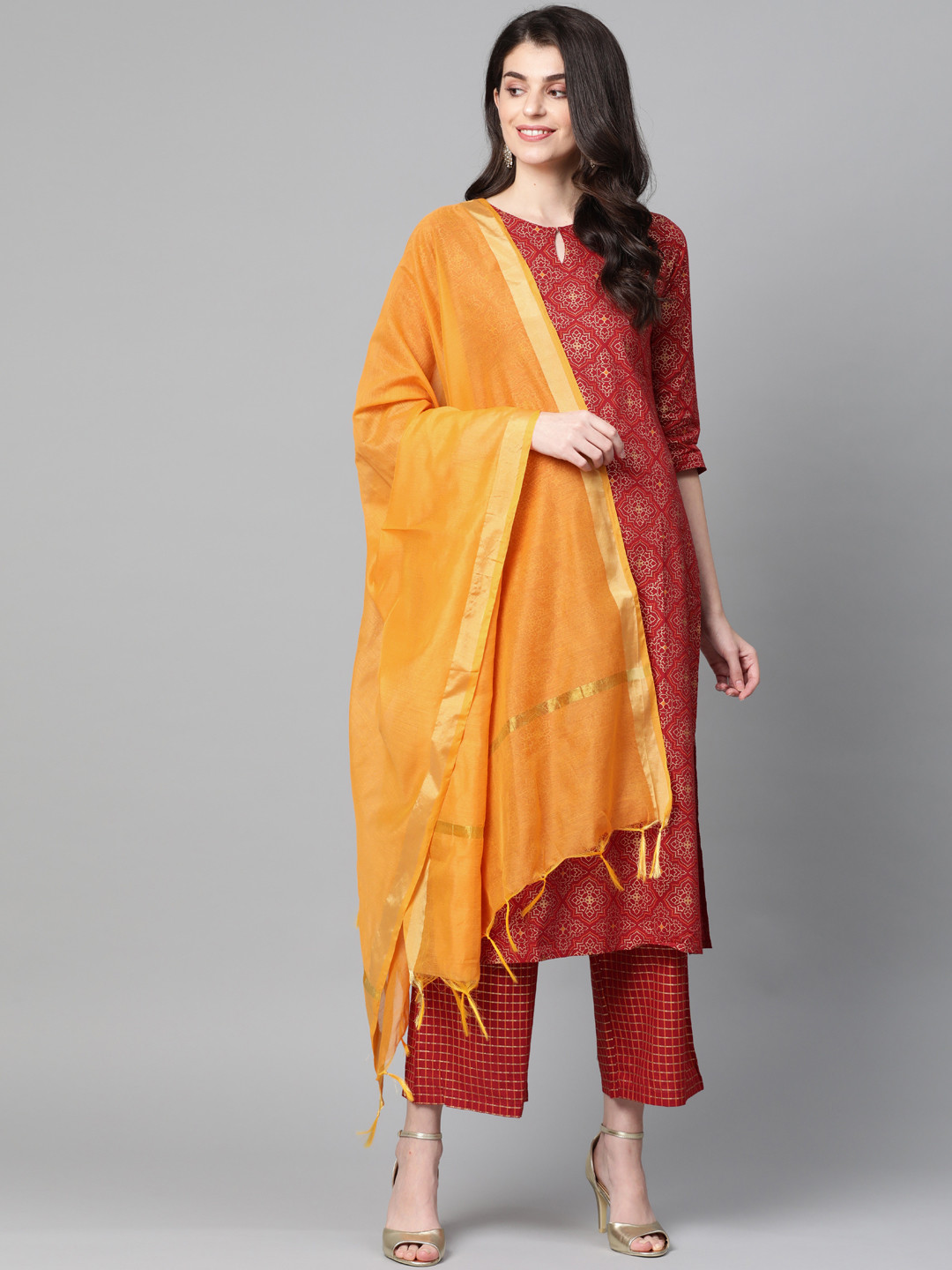 Indo Era Brown Foil Printed Straight Kurta Palazzo With Dupatta Set