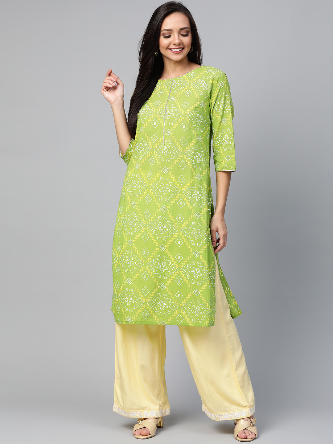 Buy HERE&NOW Women Green & Yellow Bandhani Printed Straight Kurta