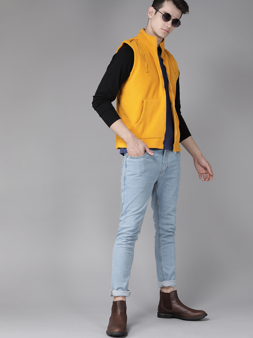 Buy Roadster Men Mustard Yellow Solid Sleeveless Fleece Jacket
