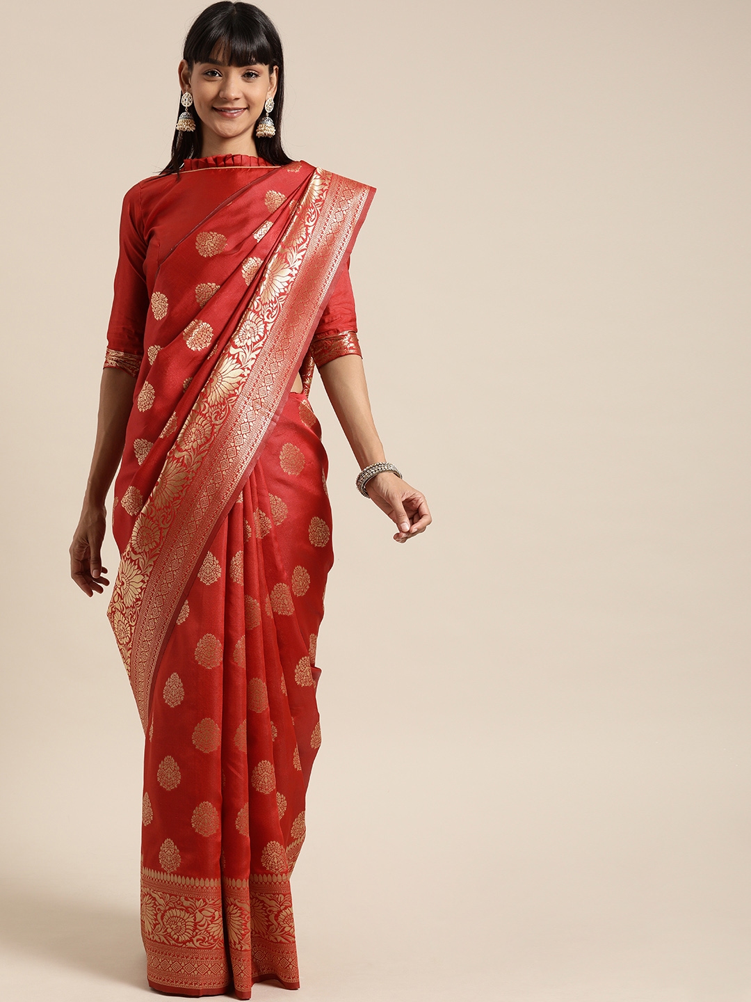 Buy Mitera Red & Gold Toned Silk Blend Woven Design Kanjeevaram Saree ...