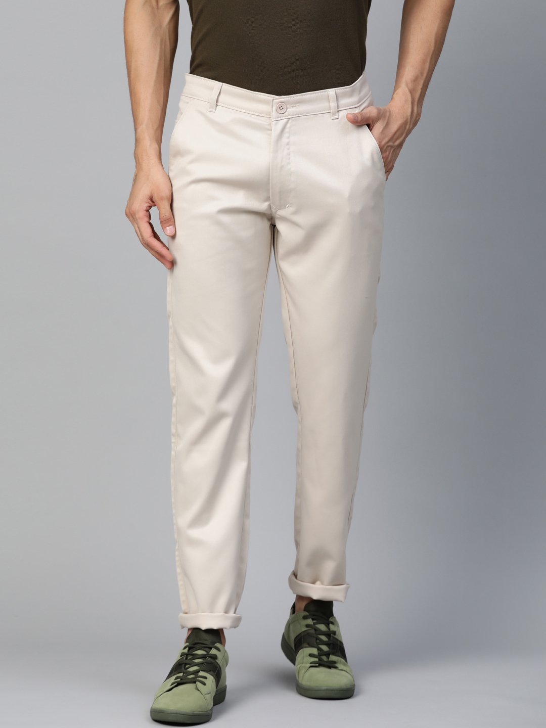 Buy DENNISON Men Cream Coloured Smart Tapered Fit Solid Cropped Chinos ...