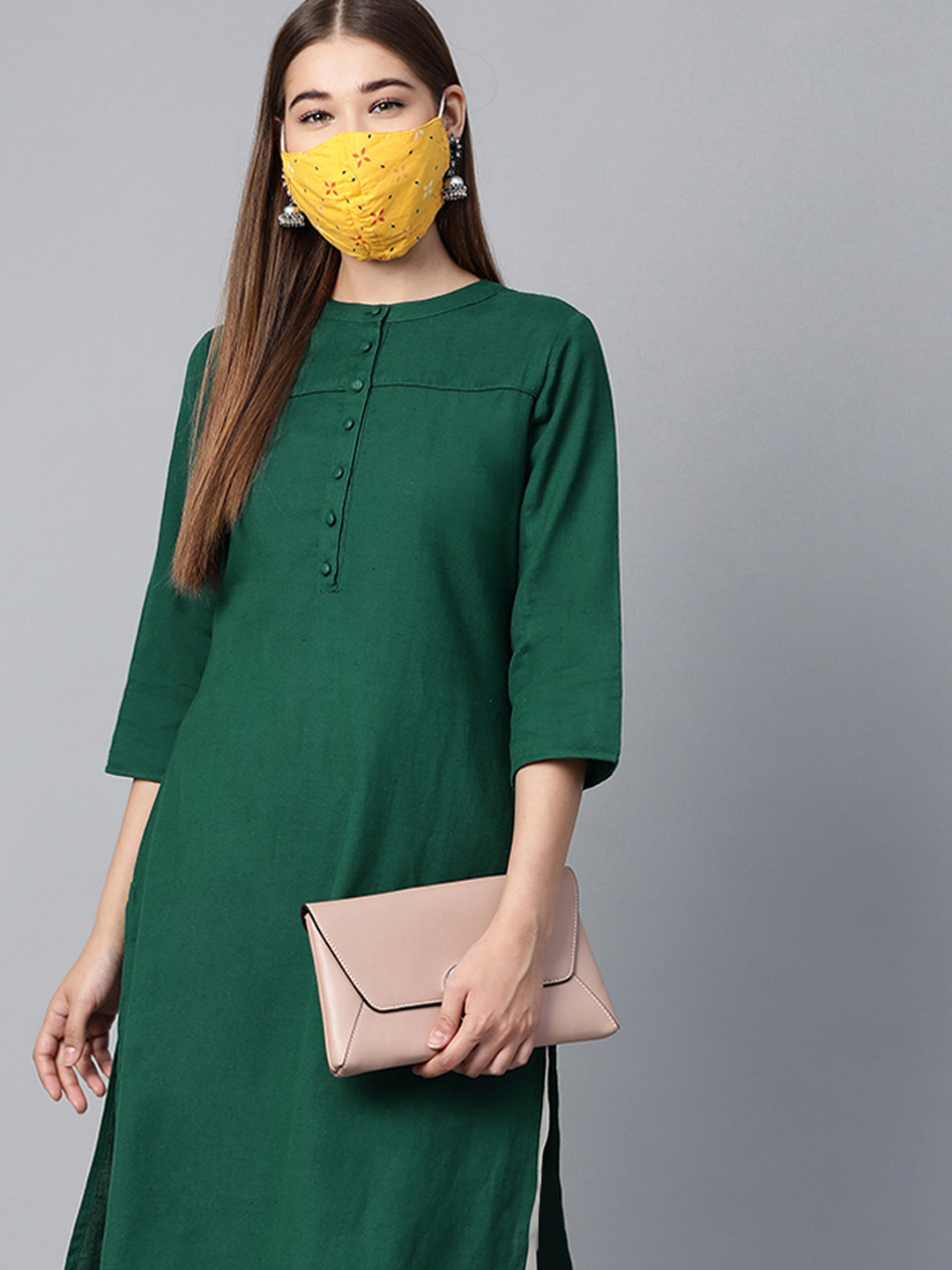 Women Green Solid Straight Kurta