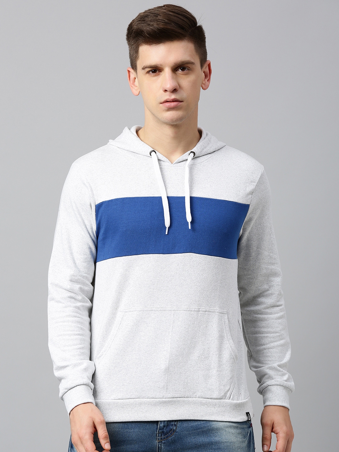 Buy Urbano Fashion Men White & Blue Colourblocked Hooded Sweatshirt ...