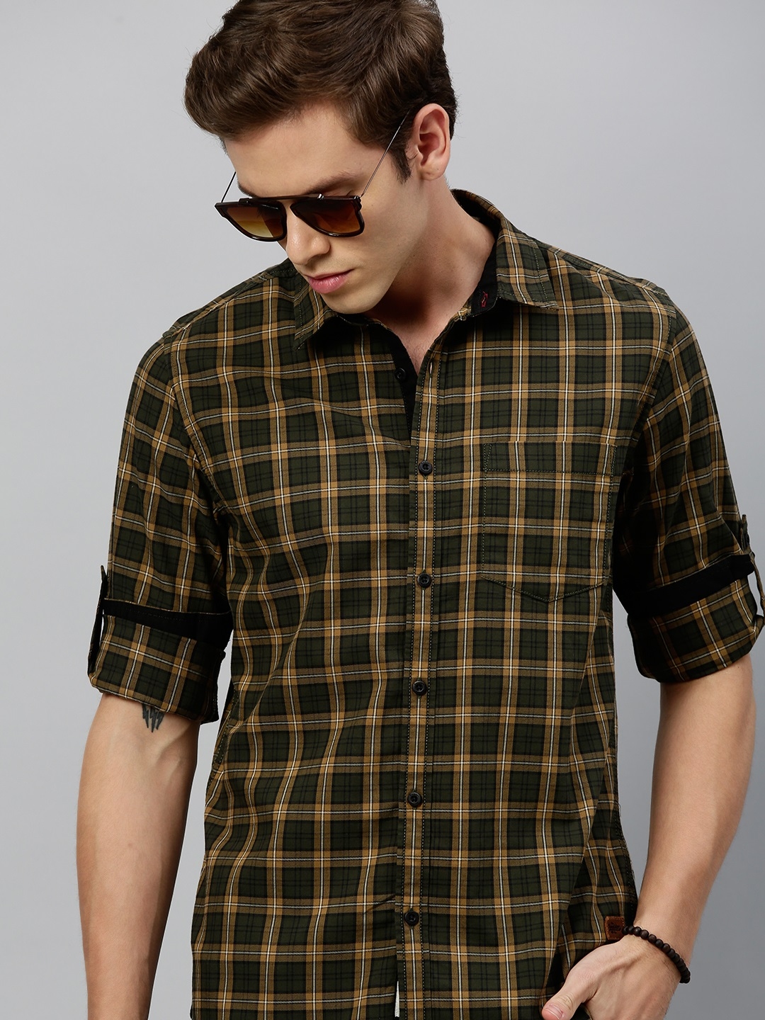 Buy Roadster Men Olive Green & Khaki Regular Fit Checked Casual Shirt ...