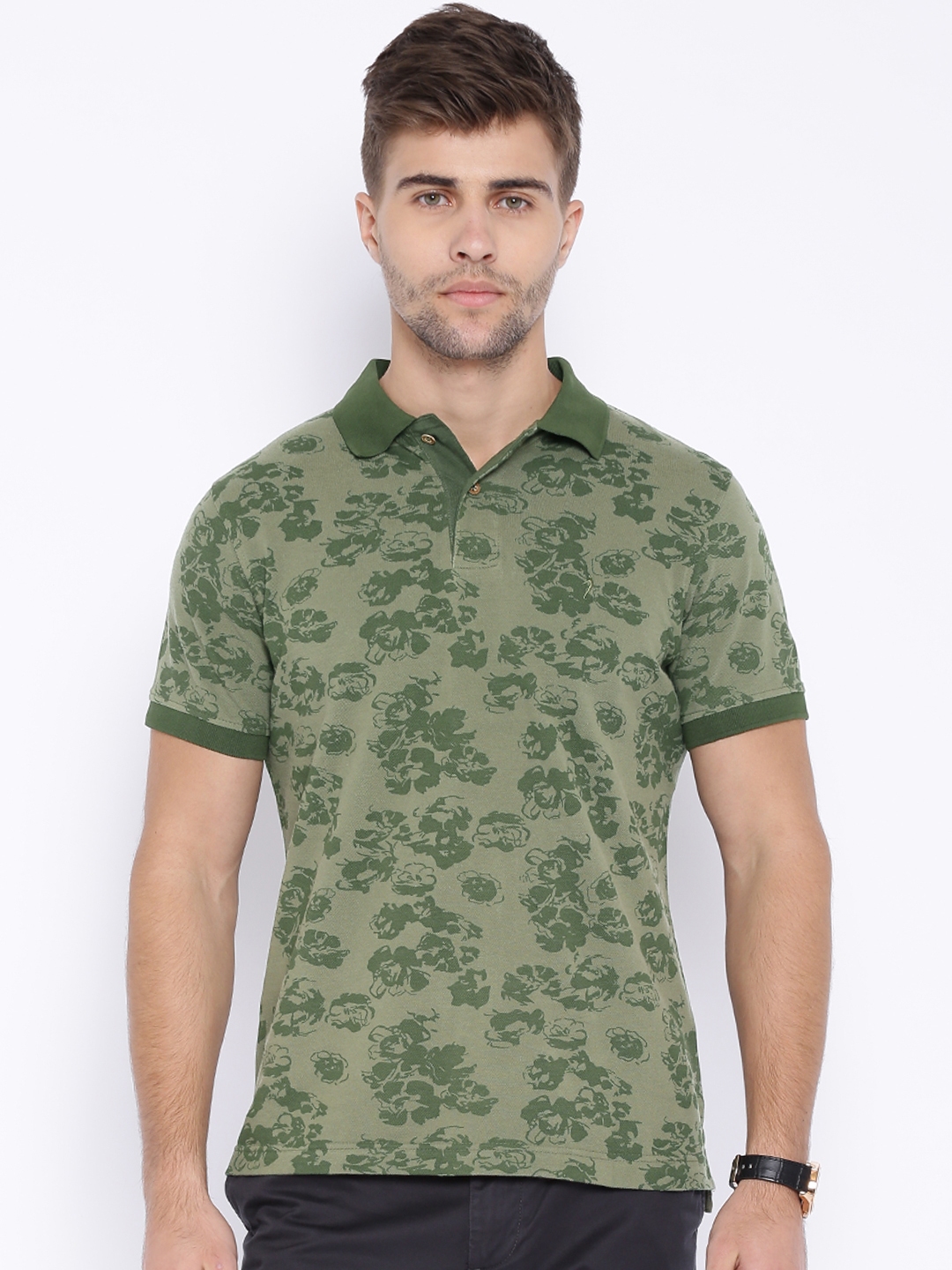 Buy Indian Terrain Olive Green Printed Polo Pure Cotton T Shirt ...