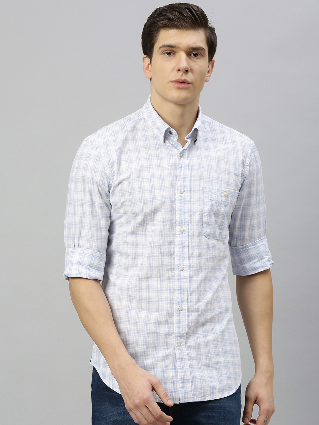 Buy RARE RABBIT Men White & Blue Tailored Fit Checked Casual Shirt