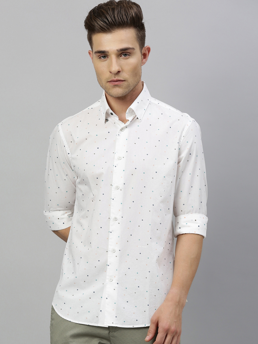 Buy RARE RABBIT Men White Polka Dot Print Tailored Fit Casual Shirt ...