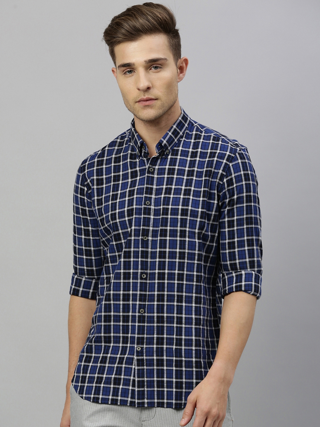 Buy RARE RABBIT Men Blue & White Tailored Fit Checked Casual Shirt ...