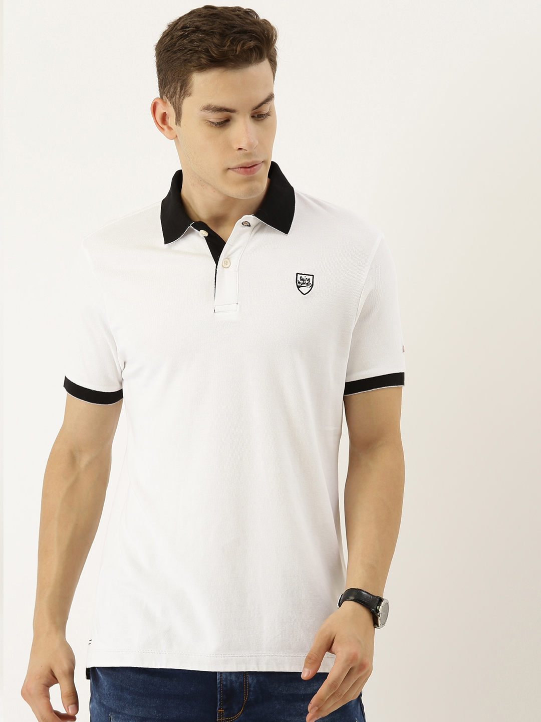 Buy Being Human Men White Solid Contrast Polo Collar Pure Cotton T ...