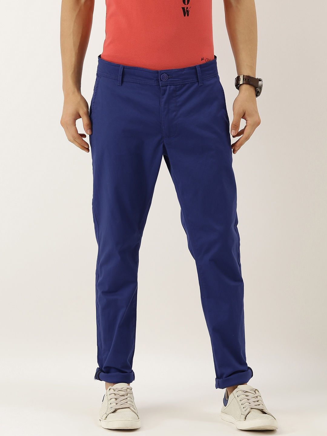Buy Being Human Clothing Men Navy Blue Regular Fit Solid Chinos ...