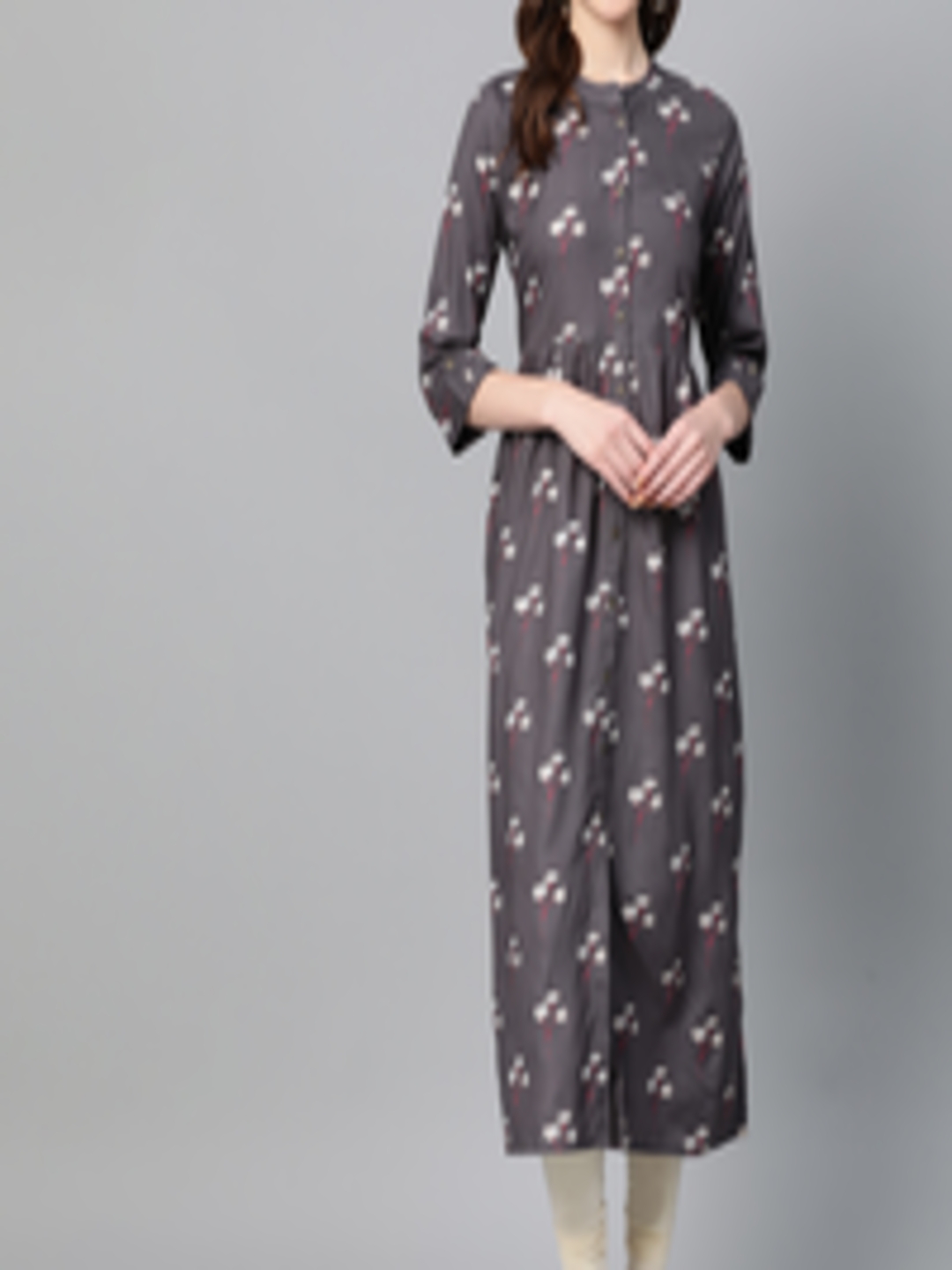 Buy Clorals Women Charcoal Grey & White Floral Printed A Line Kurta ...