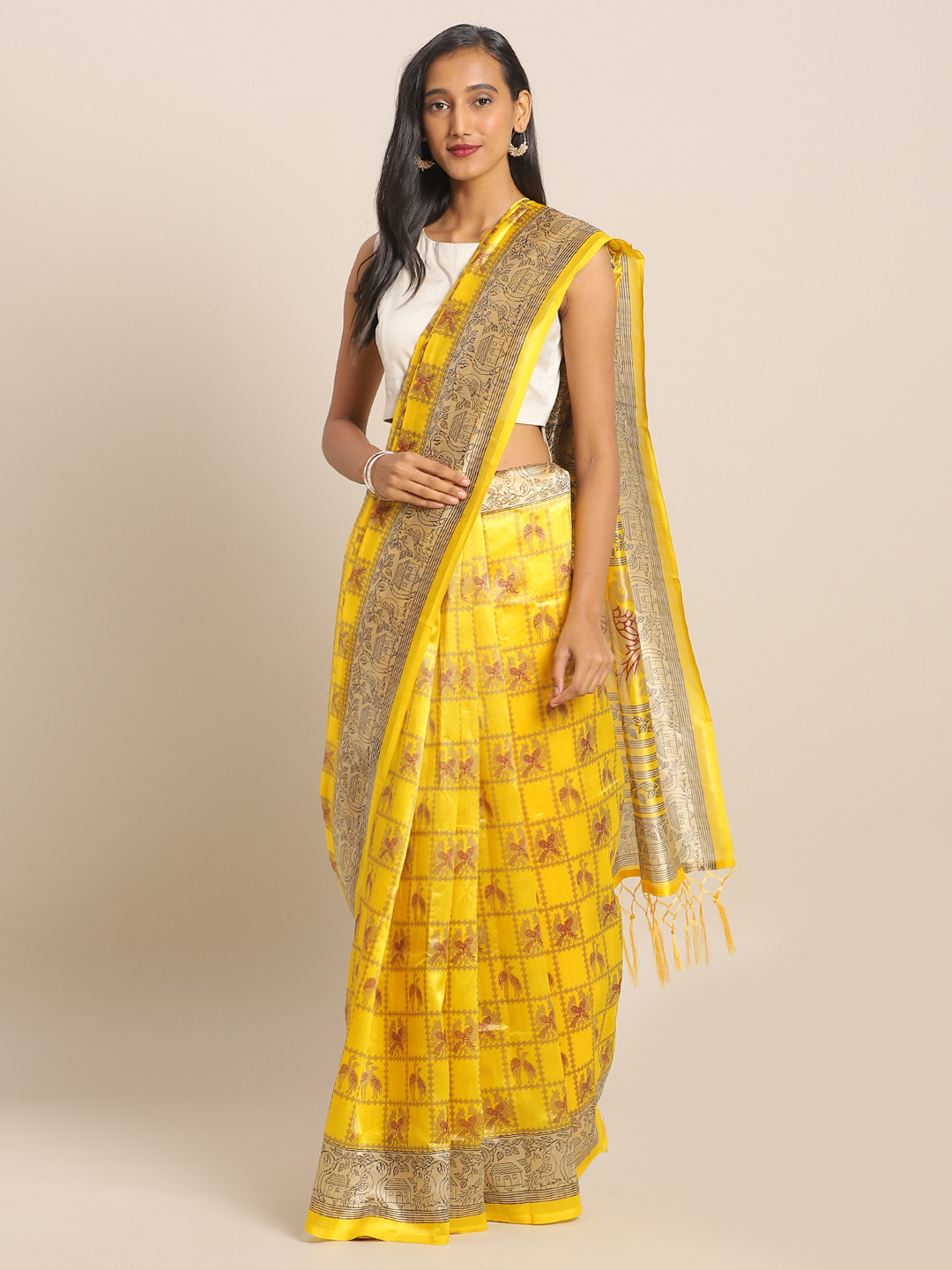 Buy KALINI Yellow Beige Art Silk Checked Saree Sarees For Women 12080942 Myntra
