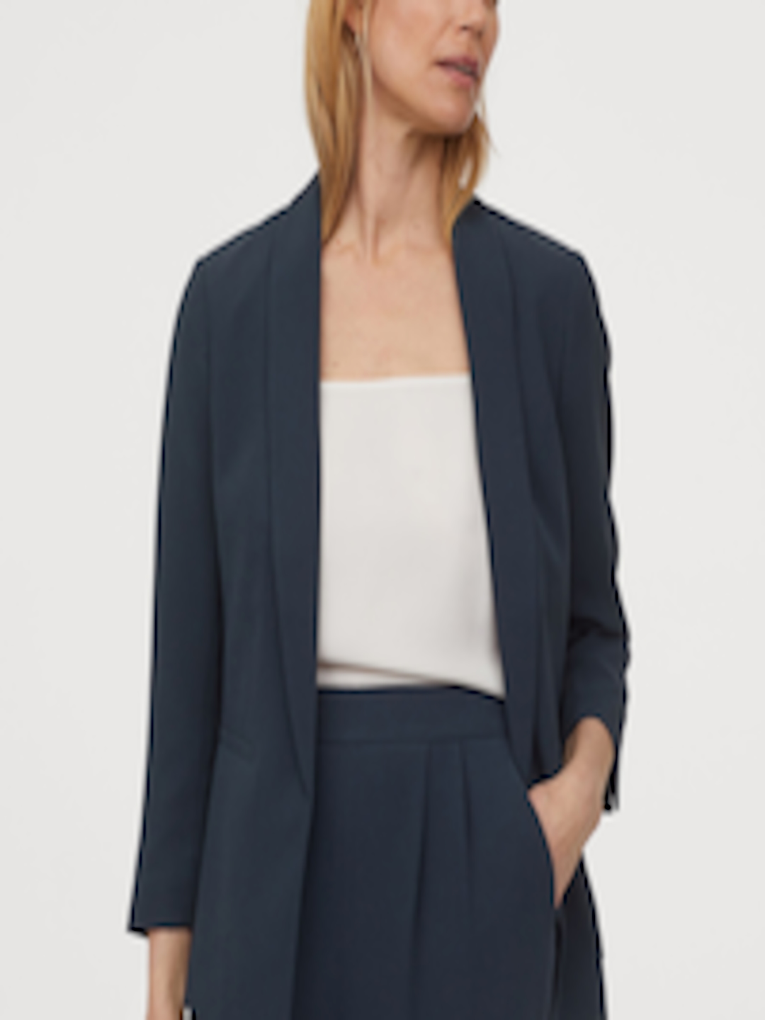 Buy H&M Women Navy Blue Solid Straight Cut Jacket - Blazers for Women ...