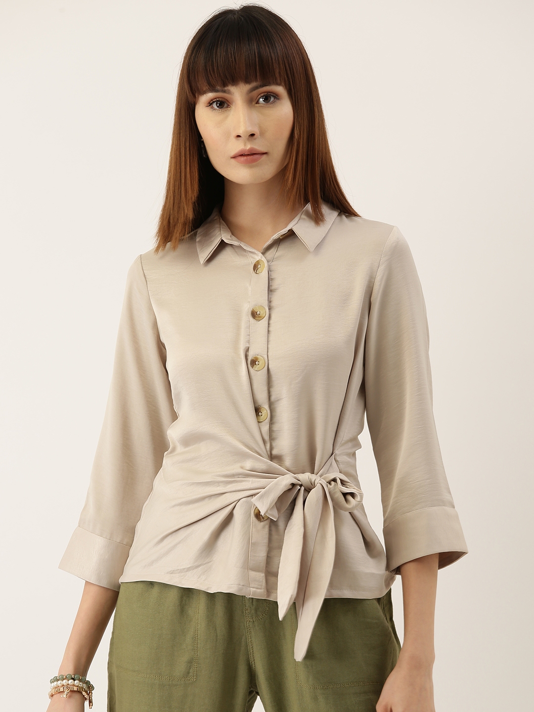 Buy AND Women Beige Regular Fit Solid Tie Up Smart Casual Shirt ...