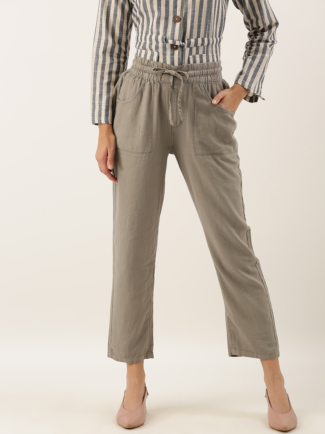 Buy AND Women Grey Straight Fit Solid Cropped Regular Trousers ...