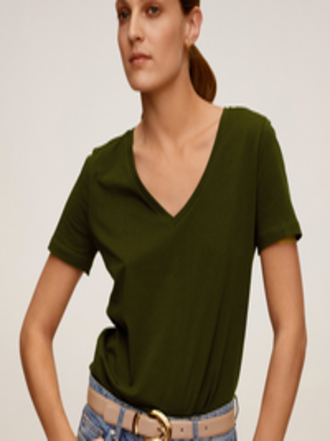 Buy MANGO Women Olive Green Solid V Neck Organic Cotton T Shirt ...