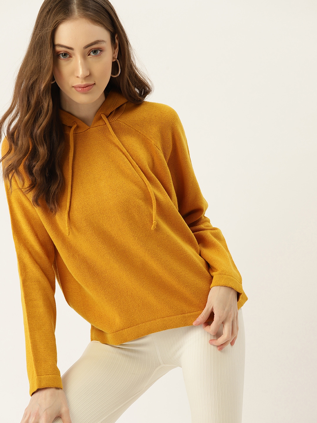 Buy DressBerry Women Mustard Yellow Solid Acrylic Hooded Pullover