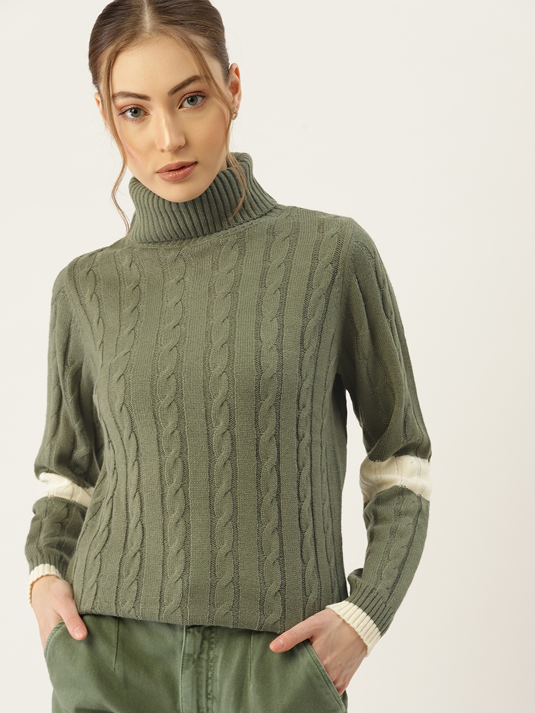 Buy DressBerry Women Olive Green Cable Knit Pullover Sweaters for