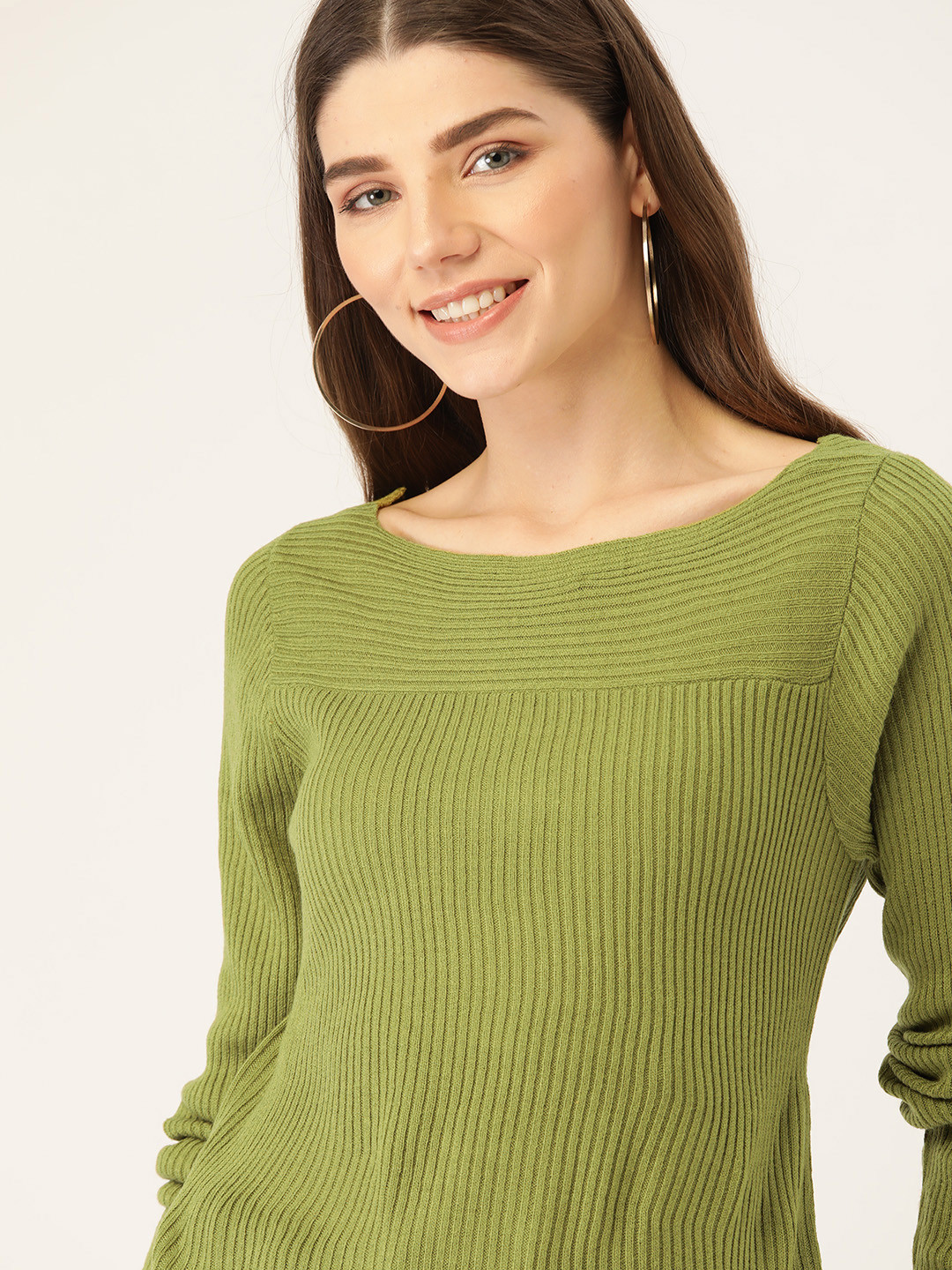Buy DressBerry Women Olive Green Ribbed Pullover Sweater Sweaters for