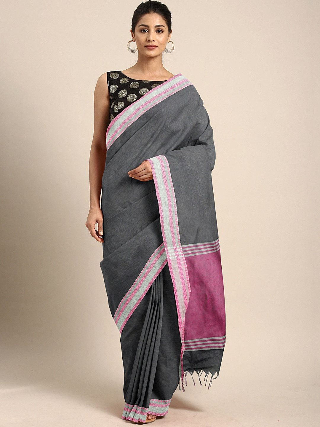 Buy The Chennai Silks Classicate Charcoal Grey & Pink Ichalkaranji