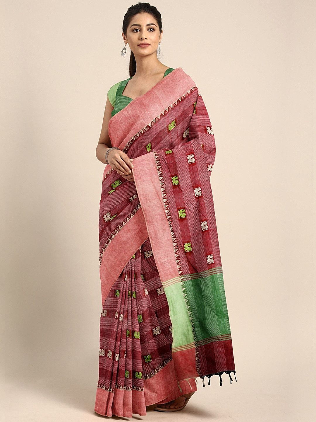 Buy The Chennai Silks Classicate Maroon & Pink Ichalkaranji Cotton