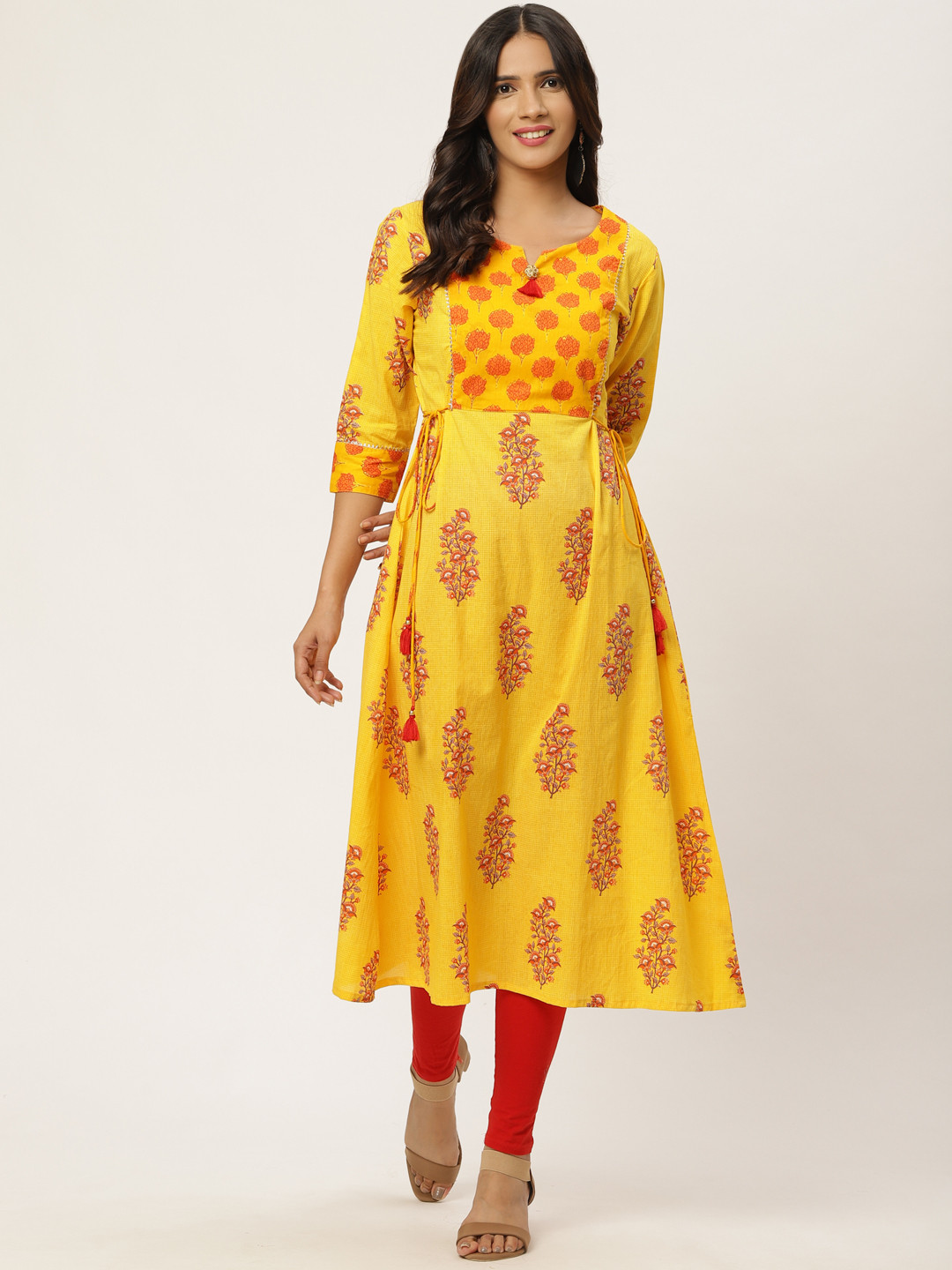 Orange Printed A-Line Cotton Kurta