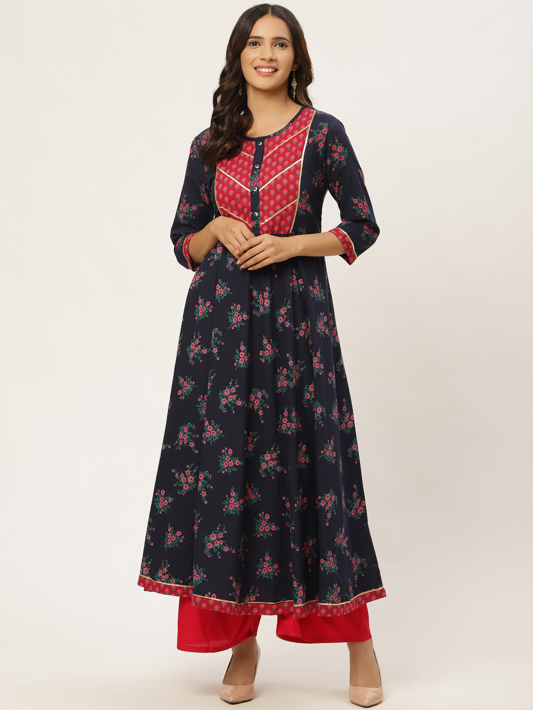 Buy FABRIC FITOOR Women Navy Blue & Pink Floral Printed A Line Kurta