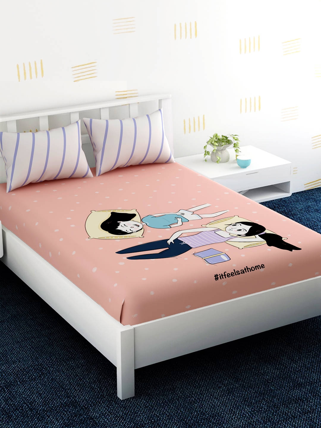 Buy EverHOME Peach & White Graphic 210 TC Cotton 1 King Bedsheet With 2