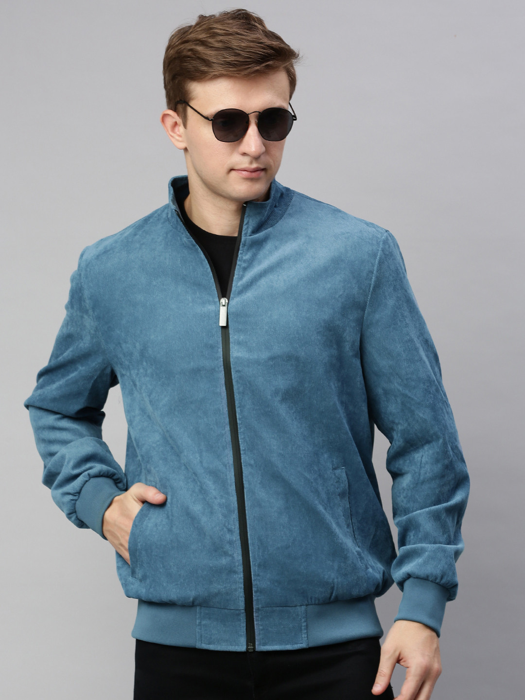 Buy Mast & Harbour Men Blue Solid Corduroy Bomber Jacket Jackets for