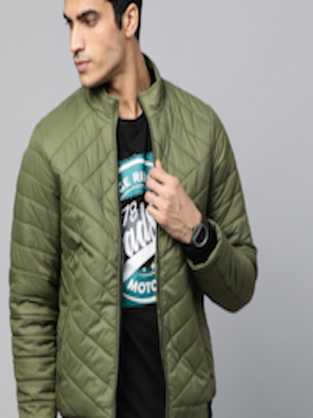 Buy Roadster Men Olive Green Quilted Bomber Jacket - Jackets for Men ...