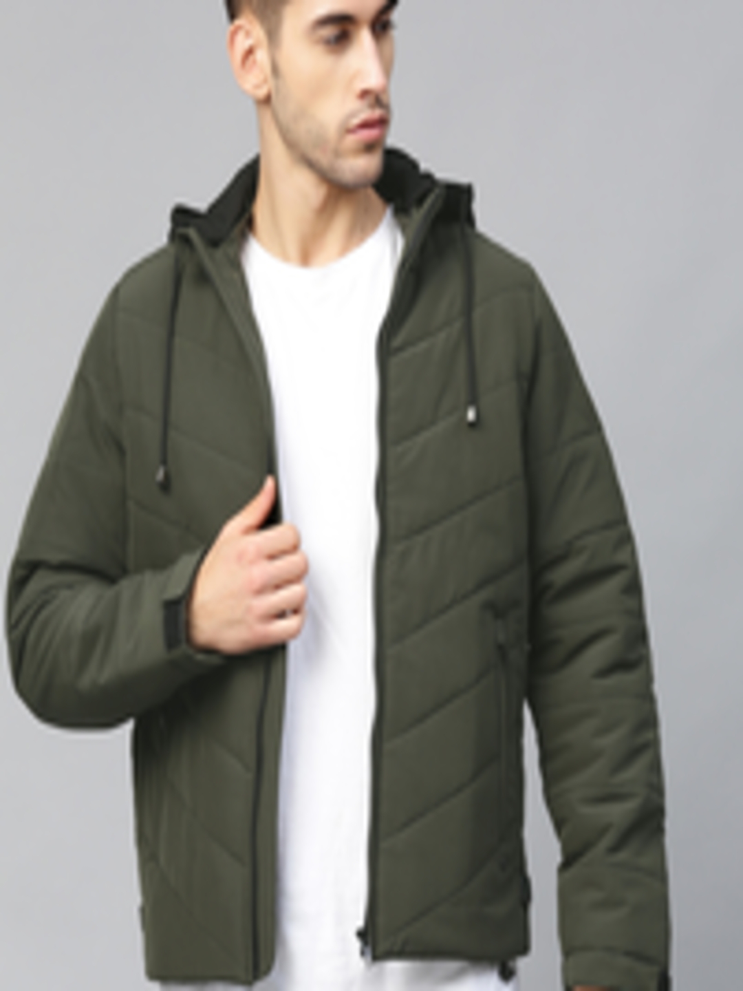 Buy Roadster Men Olive Green Solid Padded Jacket With Detachable Hood ...