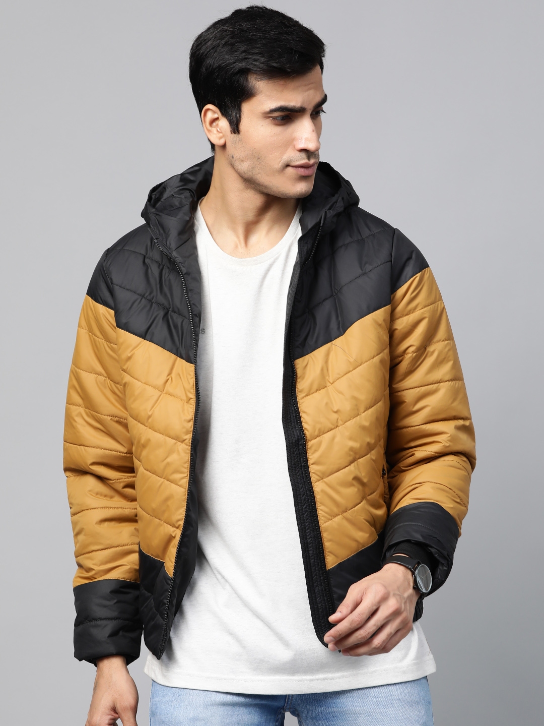 Buy Roadster Men Mustard Yellow & Black Colourblocked Hooded Padded Jacket - Jackets for Men
