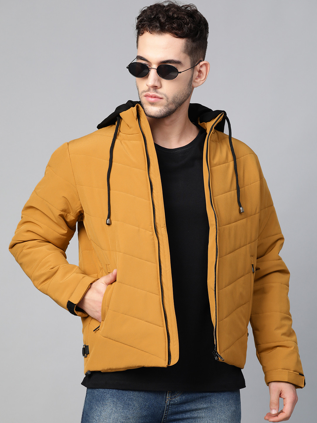 Buy Roadster Men Mustard Yellow Solid Padded Jacket With Detachable