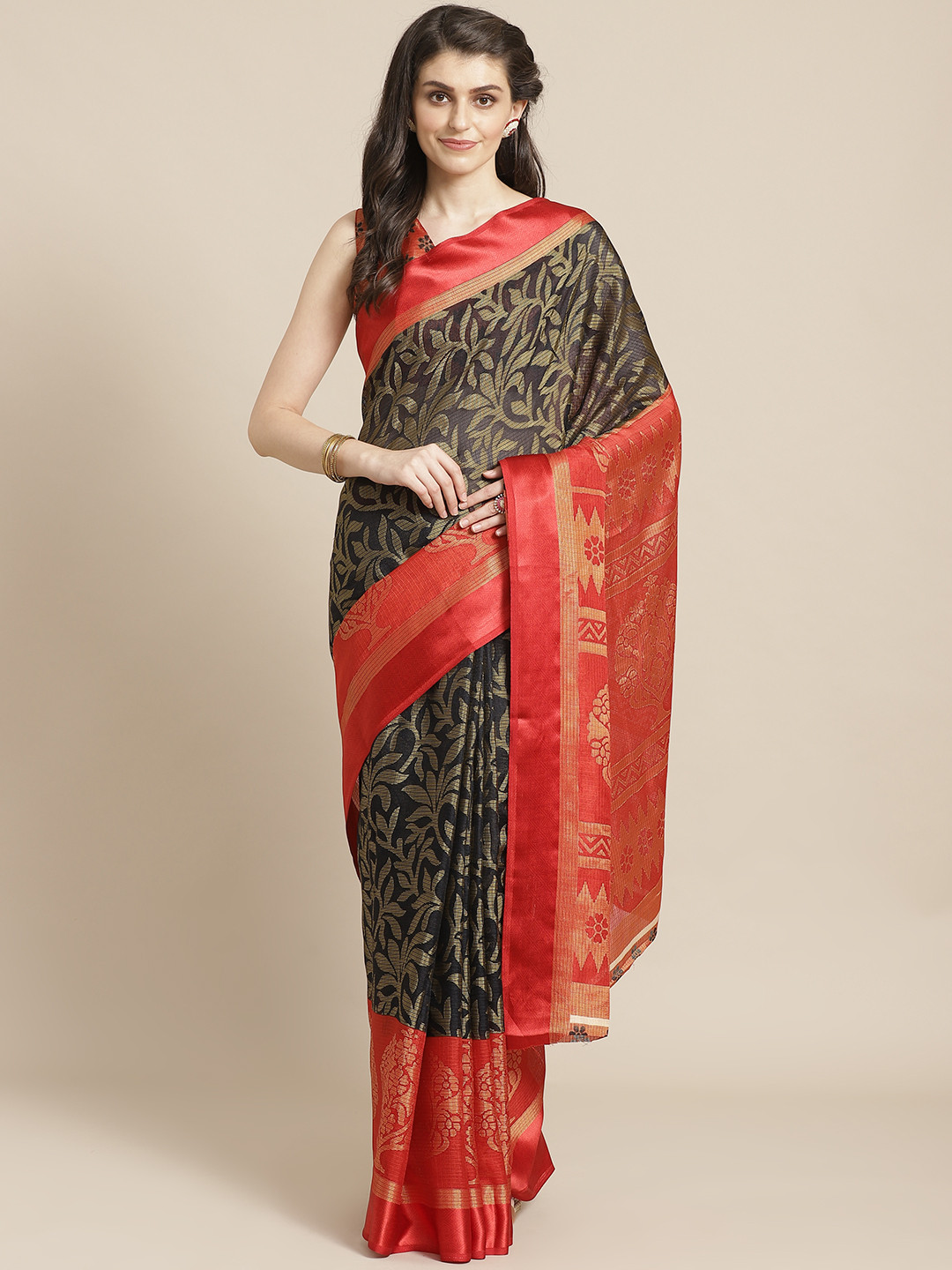 Buy Saree Mall Black & Red Printed Saree Sarees for Women 12112898