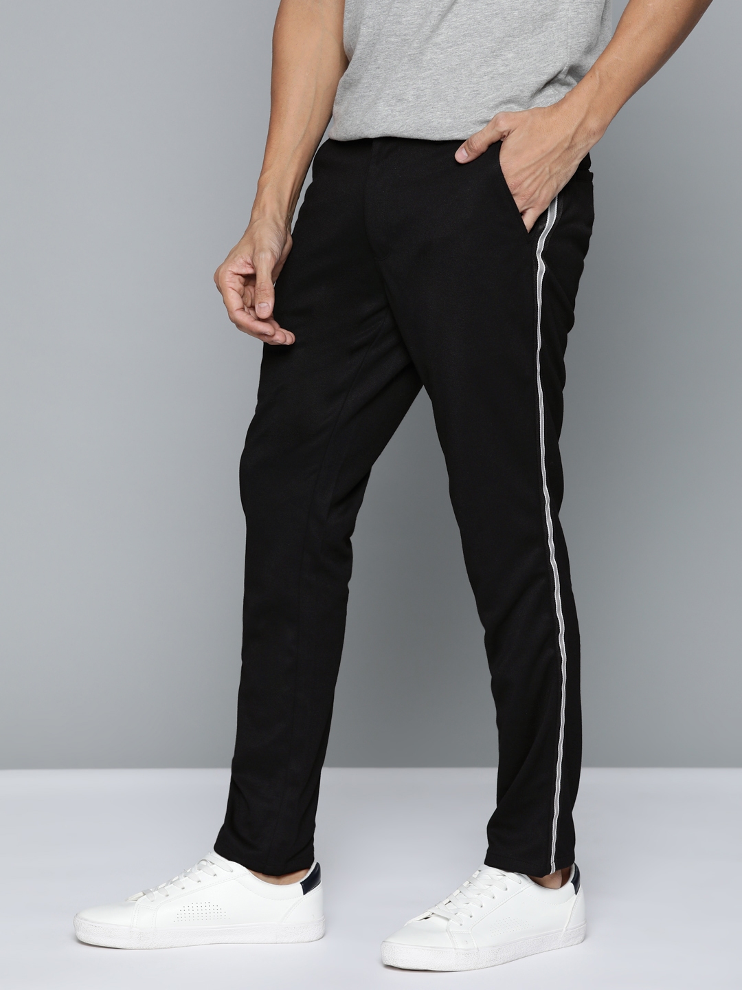 Buy Mast & Harbour Men Black Side Striped Regular Fit Solid Trousers ...